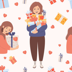 Seamless pattern with happy girls with gifts on white background with hearts and boxes. Vector illustration in flat cartoon style for holiday design, packaging, wallpapers, textiles and valentines.