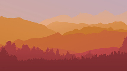 Fototapeta na wymiar Forest in the mountains at dawn. Vector illustration. Suitable for website, social media, desktop, wallpapers, postcards.