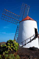 Closeup view of windmill at Jardin de Cactus, botanical cactus garden in Guatiza, Lanzarote island. Sightseeing with volcanic stones, green wild plants, blue sky and no people. Canary islands, Spain.