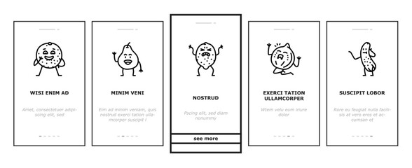 fruit character funny food onboarding mobile vector. happy orange, face strawberry, healthy lemon, smile apple, comic pineapple, banana fruit character funny food illustrations