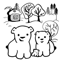 Polar bear family winter card outline. Trees, village houseand, snowflakes. Vector illustration.