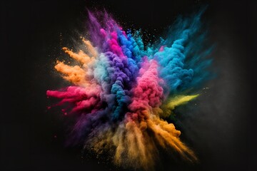Holi colorful background for design. Color explosion powder texture on a full black background.