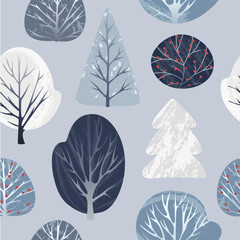 pattern of snowy winter trees in blue colour