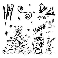 Snowman, Christmas tree, hare rabbit, snowfall, snowflakes, sled, skates, slide. Vector illustration