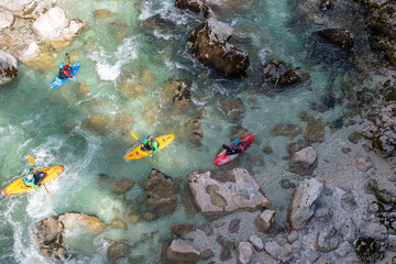 drone view on people kayaking isonzo srpenica