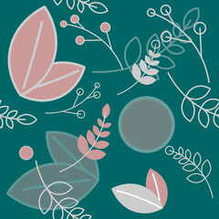 Hand Drawn Floral Seamless Vector Patterns. Black Sketched Olive Leaves and Twigs Isolated on a Light Pink and White Dotted Backgrounds.