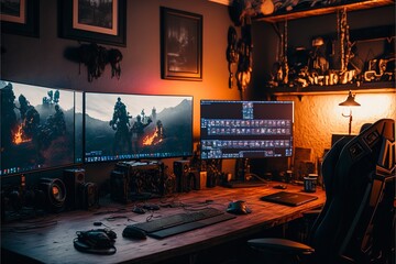 A Gaming room with two monitors and one chair with beautiful decoration inside the room. Gaming room background for Gamers.