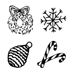 Set of christmas elements. Christmas wreath, tree toy, carame, snowflake. Vector illustration