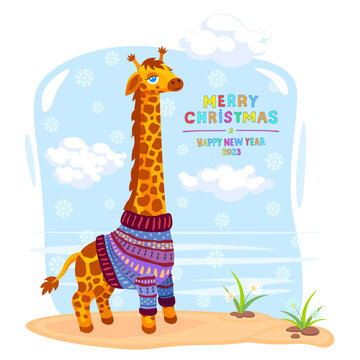 Cute giraffe in a sweater in nature, blue sky with clouds and falling snow. Merry Christmas and Happy New Year 2023, vector illustration