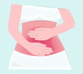 Woman with severe abdominal pain. Painful periods, appendicitis, premenstrual syndrome, menstrual cramps, constipation or diarrhea. The girl holds her hands on her stomach. healthcare concept.