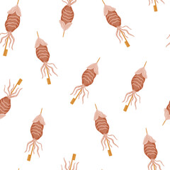 Obraz premium Squid on a stick seamless pattern. Asian food background. Perfect for restaurant cafe and print menus. Vector hand draw cartoon illustration.