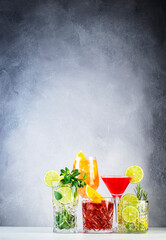 Most popular trendy cocktails set: aperol spritz, negroni, mojito, gin tonic and cosmopolitan on...