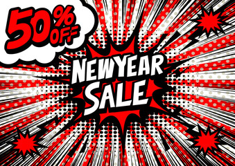 50%off New Year Sale retro typography pop art background, an explosion in comic book style.	
