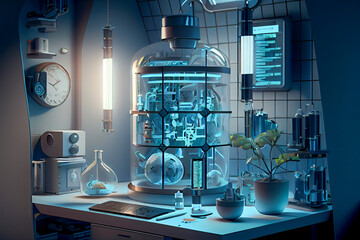 Futuristic scientific laboratory, biology and chemistry research lab, experiment and study room, generative ai illustration