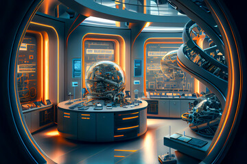 Fototapeta premium Futuristic scientific laboratory, biology and chemistry research lab, experiment and study room, generative ai illustration