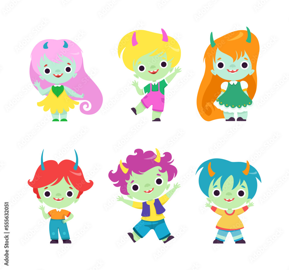 Wall mural cute horned trolls boys and girls as adorable smiling fantasy creatures vector set - Wall murals