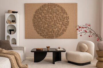 Aesthetic composition of japandi living room interior with mock up poster frame, modern black coffee table, vase with rowan, rounded shapes armchair and personal accessories. Home decor. Template.