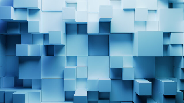Modern Tech Background with Perfectly Aligned Multisized Blocks. Blue and Turquoise, 3D Render.