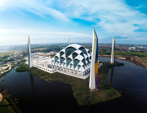Aerial photo of a unique mosque building with the name Al Jabbar in Bandung, West Java Indonesia