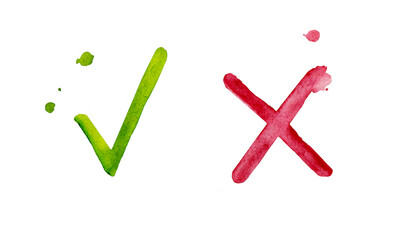 True or false, validation icon, symbol checkbox illustration green or red v or x test watercolor picto quiz