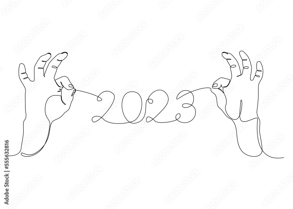 Poster one continuous line of two hand holding a string with 2023 number. thin line illustration vector con