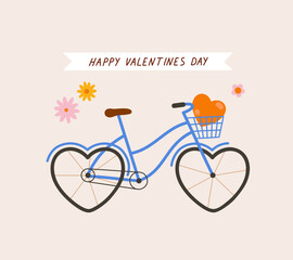 Hand-drawn bicycle with wheels in the shape of hearts, heart, and hand lettering. Concept of valentine's day, romance, gifts, love, romantic surprise, adventures.