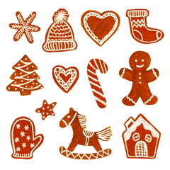A collection of hand drawn homemade Christmas cookies on a white background in a simple doodle style for the design of kitchen textiles and gift wrapping paper.