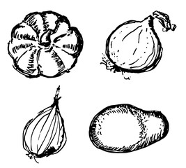 Collections, shadow vegetable old stamp illustration black and white deco vegetables pumpkin, onions, potato and shallot market kitchen food soup deco restaurant stickers