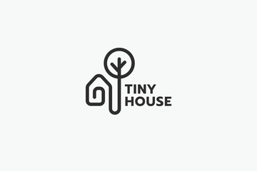 tiny house logo with a combination of a simple tiny house and a tree in outline style