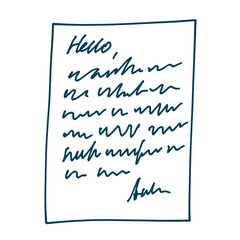 A hand-drawn doodle-style illustration. Imitation of a handwritten letter in blue ink on a white sheet of paper. For the design of stickers and bullet journals.