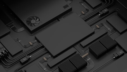 Matte black background with electrical components. Dark technological wallpaper with a layout of blocks and elements. Parts of an industrial computer are connected by wires. 3d illustration