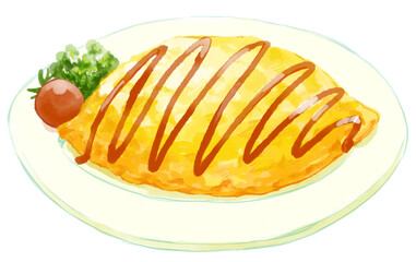 ジグザグに細いケチャップのかかったふっくらしたおいしそうなオムライスの水彩イラスト(透過PNG)