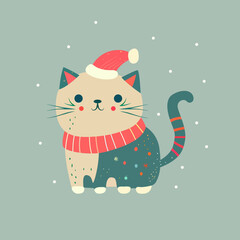Christmas cat in Santa hat and scarf walks in winter  snowfall vector illustration
