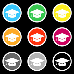 Flat graduation cap icon. Graduation cap sign icon. Higher education symbol. Circle buttons with long shadow. color icons set. jpg illustration
