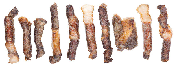 Grilled beef steak slices with spices isolated on white background. With clipping path. Full depth of field. Focus stacking