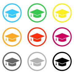 Flat graduation cap icon. Graduation cap sign icon. Higher education symbol. Circle buttons with long shadow. color icons set. Vector illustration
