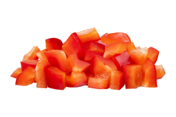 Set of fresh whole and sliced red bell pepper isolated on white background. With clipping path. Full depth of field. Focus stacking