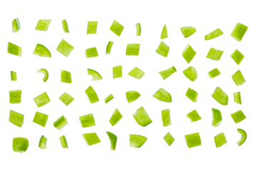 Set of fresh whole and sliced green bell pepper isolated on white background. With clipping path. Full depth of field. Focus stacking