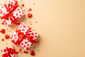 Valentine's Day concept. Top view photo of present boxes with ribbon bows heart shaped candies and sprinkles on isolated light beige background with blank space