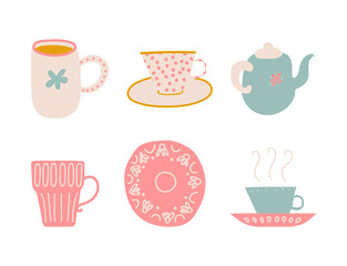Fototapeta premium Cute Hand Drawn Teapot, Saucer and Cup for Drinking Tea Vector Set