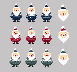 Christmas Santa Claus faces and full body vector illustration in cozy ugly sweaters. Santa Claus in different poses isolated and wishes everyone a Merry Christmas and Happy New Year