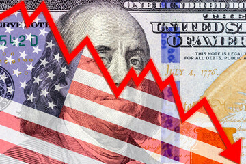 Falling graph on the background of the American dollar. Downtrend. - obrazy, fototapety, plakaty