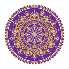 Fototapeta premium Mandala. Vintage greeting card with gold jewelry and pearl decoration on purple background, wedding invitation or announcement PNG
