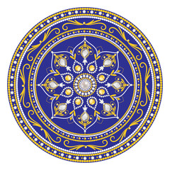 Mandala. Vintage greeting card with gold jewelry and diamond decoration on blue background, wedding invitation or announcement PNG