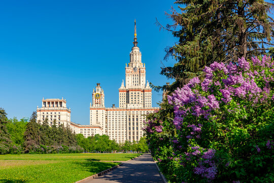 Main building of Moscow State University in spring, Russia
