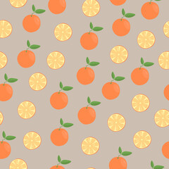 Fruit seamless pattern with whole and sliced oranges on a beige background