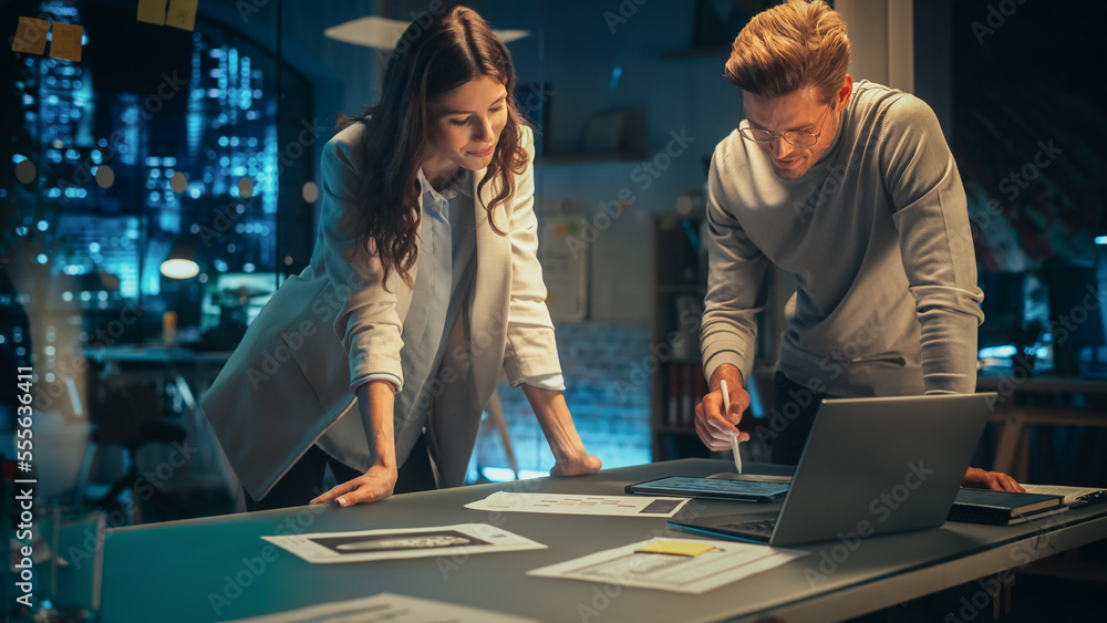 Poster accountant bringing a financial report to a meeting with a marketing manager of a creative agency. t