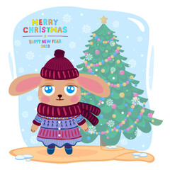 Cute rabbit in a warm dress, scarf and hat on the background of a decorated Christmas tree. Merry Christmas and Happy New Year 2023 lettering, vector illustration