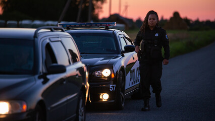 Highway Traffic Patrol Car Pulls over Vehicle on the Road. Female Police Officer Approaches Driver...