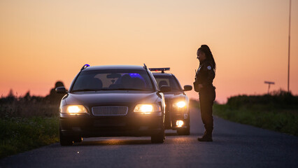 Highway Traffic Patrol Car Pull over, routine Check, Road Inspection Stop. Friendly Black Female Police Officer Smiling, Approaches Vehicle, Asks Driver License and Registration. - obrazy, fototapety, plakaty